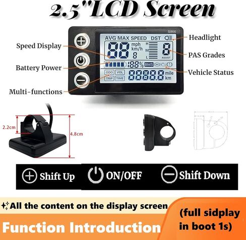 شاشة LCD كهربائية، عداد عرض LCD S866، لوحة تحكم للدراجة الكهربائية للدراجات الإلكترونية 24 فولت 36 فولت 48 فولت مع قابس SM IP65 عداد إضاءة خلفية للشاشة الكبيرة لمقود 22.2 مم/0.9 بوصة in Kuwait