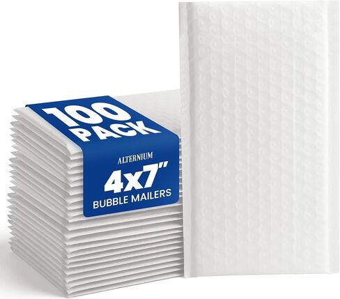 ALTERNIUM Bubble Mailers 4x7 Inch, 100-pack – Small Padded Shipping Envelopes, Self Seal Poly Bubble Mailers, Waterproof Lightweight Mailers for Jewelry, Trading Cards & Small Business - White in Kuwait