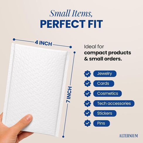 ALTERNIUM Bubble Mailers 4x7 Inch, 100-pack – Small Padded Shipping Envelopes, Self Seal Poly Bubble Mailers, Waterproof Lightweight Mailers for Jewelry, Trading Cards & Small Business - White in Kuwait