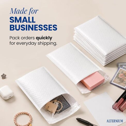 ALTERNIUM Bubble Mailers 4x7 Inch, 100-pack – Small Padded Shipping Envelopes, Self Seal Poly Bubble Mailers, Waterproof Lightweight Mailers for Jewelry, Trading Cards & Small Business - White in Kuwait