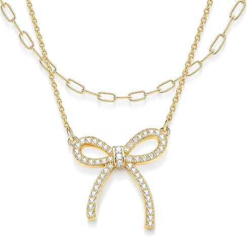 Gold Layered Necklaces for Women Chunky 14K Gold Silver Plated Stack Diamond Bow Statement Pendant Necklace Cute Trendy Dainty Small Tiny Bow Simple Choker Chain Jewelry Set for Women Gift in Saudi Arabia