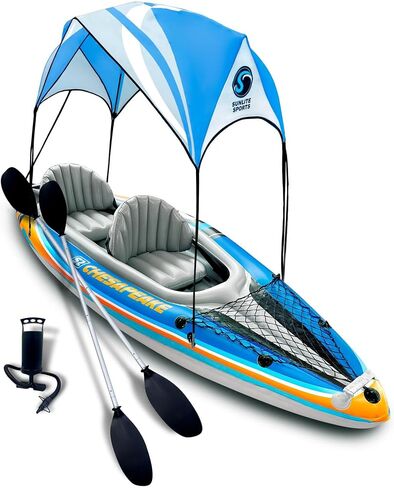 Sunlite Sports Inflatable Kayak 2 Person with Canopy, Portable Inflatable Boat with Shed & Aluminum Oars, Lightweight Tandem Kayak with Air Pump & Carry Bag for Lakes & Rivers, 400 LB in Kuwait