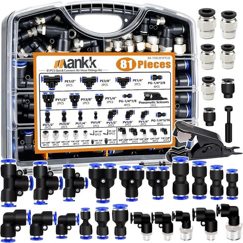 Mankk 81 قطعة مجموعة تركيبات خرطوم الهواء سريعة التوصيل 1/8 بوصة 1/4 بوصة 3/8 بوصة 1/2 بوصة ادفع لتوصيل التركيبات خط الهواء تركيب سريع التركيب طقم هوائي سريع التحرير in Kuwait