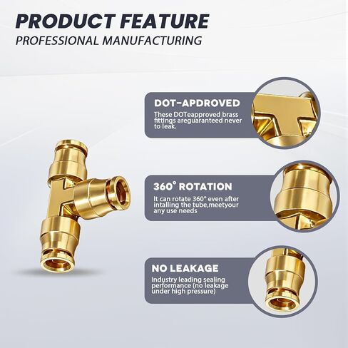 DOT Tee Union Push to Connect Fittings، 5 قطع من النحاس C36000 تجهيزات خط فرامل الهواء للسيارة والشاحنات والمقطورة والأنظمة الهوائية (3/8 بوصة OD) in Kuwait