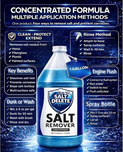 مزيل الملح البحري CTRL+SALT+DELETE، منظف القوارب ومركز تنظيف المحرك، 1 جالون، يزيل الملح من القوارب والمقطورات والمركبات ومعدات الصيد ومعدات الغوص والمزيد in Kuwait