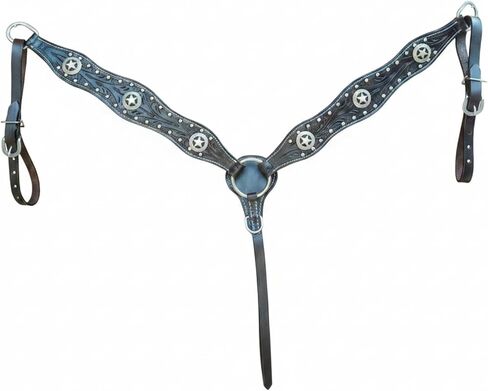 Premium Black Leather Horse Breast Collar Full Size Western Breastcollar with Silver Star Conchos, Hand Tooled Adjustable Tack Breastplate in Kuwait