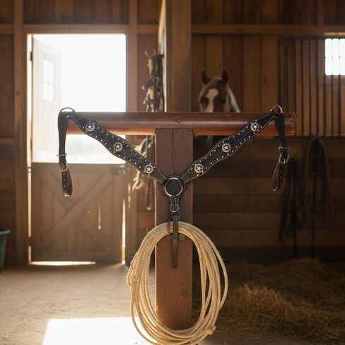 Premium Black Leather Horse Breast Collar Full Size Western Breastcollar with Silver Star Conchos, Hand Tooled Adjustable Tack Breastplate in Kuwait