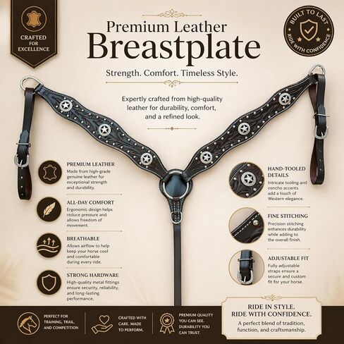 Premium Black Leather Horse Breast Collar Full Size Western Breastcollar with Silver Star Conchos, Hand Tooled Adjustable Tack Breastplate in Kuwait