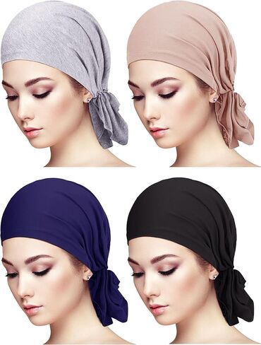Syhood 4 قطع من أوشحة الرأس المربوطة مسبقًا سهلة الارتداء للنساء، قبعات عمامة صغيرة، غطاء رأس لف الرأس للنساء (رمادي، جملي، أزرق داكن، أسود) in Kuwait