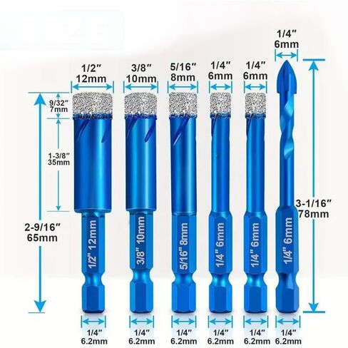 6-Piece Diamond Drill Bit Set for Tiles & Glass – Premium Carbide-Tipped Drill Bits (6mm, 8mm, 10mm, 12mm) + Precision Positioning Drill for Clean, Chip-Free Holes in Saudi Arabia