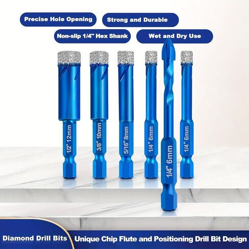 6-Piece Diamond Drill Bit Set for Tiles & Glass – Premium Carbide-Tipped Drill Bits (6mm, 8mm, 10mm, 12mm) + Precision Positioning Drill for Clean, Chip-Free Holes in Saudi Arabia