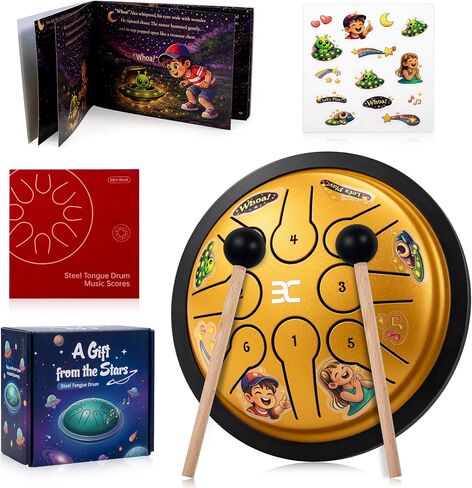 EX Steel Tongue Drum UFO Shape Design, Space Story Gift Set with Book & Stickers, 5.3 Inch 8 Notes Rain Drum for Outside Garden, Musical Instruments for Kids Adult Gift, Calming Drum, Yellow in Kuwait