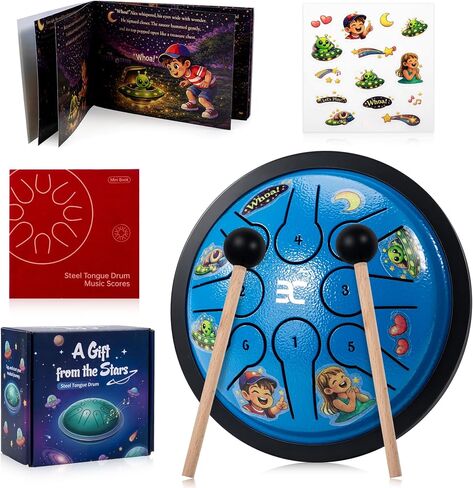 EX Steel Tongue Drum UFO Shape Design, Space Story Gift Set with Book & Stickers, 5.3 Inch 8 Notes Rain Drum for Outside Garden, Musical Instruments for Kids Adult Gift, Calming Drum, Yellow in Kuwait