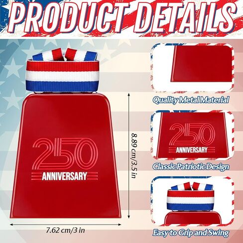 Konohan 12 Pack 250th Anniversary Cowbells Bulk, Patriotic Noise Makers in Red White Blue, Metal Spirit Easier to Hold Loud Noise Makers for Patriotic Events Parades 4th of July Independence Day in Kuwait