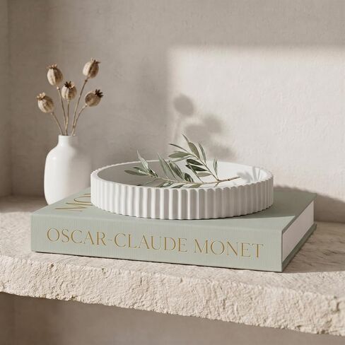 Beautiful Decorative Tray & Book Decor Set - Scalloped Concrete Tray & Linen Box Enhance Your Coffee Table or Bookshelf Decor - Stylish Home Decoration for Your Living Room or as a Housewarming Gift in Saudi Arabia