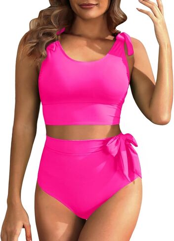 الرجعية لباس سباحة للنساء 2 قطعة بيكيني مجموعات عالية الخصر قطعتين ملابس السباحة U الرقبة رفع مبطن ملابس السباحة in Kuwait