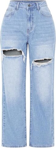 Womens Distressed Straight Leg Jeans High Waisted Wide Leg Baggy Jeans Boyfriend Casual Denim Pants. in Kuwait