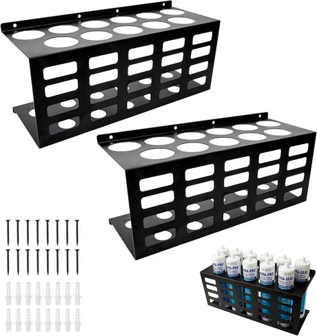 2 Pack Metal Caulking Tube Holder Wall Mount Caulk Tube Tray 11 Slots Silicone Tubes Storage Organizer Heavy Duty Grease Gun Sealant Storage Rack for Garage Workshop Van Tool Shed(Black) in Kuwait