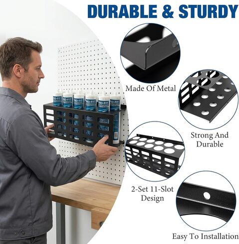 2 Pack Metal Caulking Tube Holder Wall Mount Caulk Tube Tray 11 Slots Silicone Tubes Storage Organizer Heavy Duty Grease Gun Sealant Storage Rack for Garage Workshop Van Tool Shed(Black) in Kuwait
