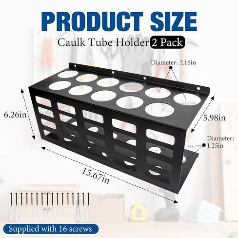2 Pack Metal Caulking Tube Holder Wall Mount Caulk Tube Tray 11 Slots Silicone Tubes Storage Organizer Heavy Duty Grease Gun Sealant Storage Rack for Garage Workshop Van Tool Shed(Black) in Kuwait