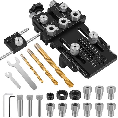 Dowel Jig Kit for Perfect Wood Joints, Self Centering Doweling Jig with 1/4 3/8 1/2 Drill Bushings & Bits, Woodworking Hole Drilling Guide for Cabinet Furniture DIY in Kuwait