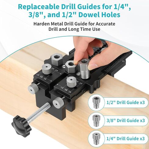 Dowel Jig Kit for Perfect Wood Joints, Self Centering Doweling Jig with 1/4 3/8 1/2 Drill Bushings & Bits, Woodworking Hole Drilling Guide for Cabinet Furniture DIY in Kuwait