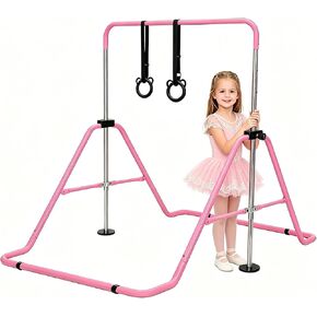 Gymnastics Bar for Kids Ages 3+, Foldable Gymnastic Kip Bar with Mat, Swing & Rings, 5 Adjustable Heights 35-51 in, Stable A-Frame Horizontal Bar in Saudi Arabia