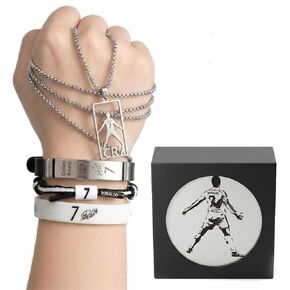 4PCS Ronaldo Stuff Set,C.R.No.7 Necklace & Signature Black Wristband,Hand Woven Bracelet,Soccer Star Sports Wristband, Jersey No. 7 Collection with Metal Gift Box in Saudi Arabia