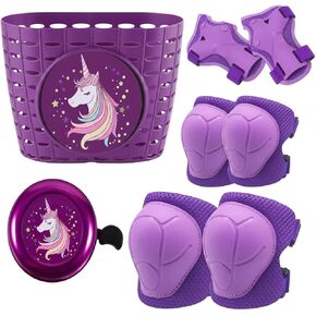 Kids Protective Gear with Bike Basket and Bell Set, Pink and Purple Unicorn Theme, Includes Knee Pads, Elbow Pads, and Wrist Guards in Kuwait
