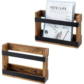 MyGift Rustic Burnt Solid Wood and Industrial Matte Black Metal Magazine Display Rack, Wall Mountable Double Wide Book Holder or Standing Organizer in Kuwait