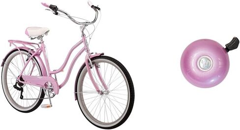 Schwinn Perla 18-Inch Step-Through Steel Frame 7-Speed Pink Cruiser Bike Bundle with Firmstrong Classic Pink Bicycle Bell in Kuwait
