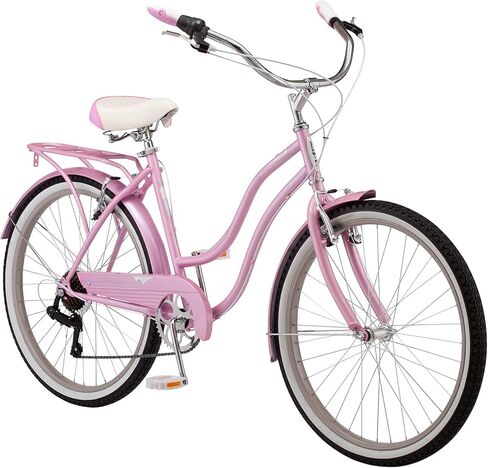 Schwinn Perla 18-Inch Step-Through Steel Frame 7-Speed Pink Cruiser Bike Bundle with Firmstrong Classic Pink Bicycle Bell in Kuwait