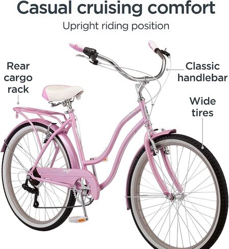 Schwinn Perla 18-Inch Step-Through Steel Frame 7-Speed Pink Cruiser Bike Bundle with Firmstrong Classic Pink Bicycle Bell in Kuwait