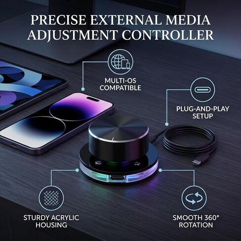 USB Volume Control Knob, 360 Degree Rotating RGB Light PC Audio Adjuster with Customizable Shortcut Keys, for Android PC Laptop Tablet Desktop in Kuwait