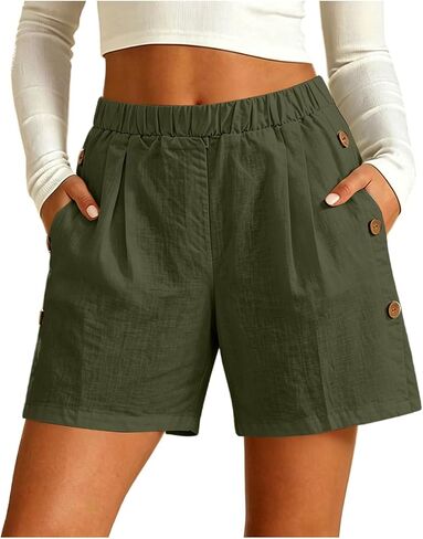 ABABC Women's Summer Shorts Elastic Waist Side Button Detail Short Lightweight Breathable Casual Short Pants in Saudi Arabia