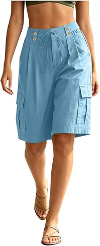 Summer Shorts for Women Wide Leg Cargo Drawstring Button Waist Short Loose Mid Length Casual Summer Short Pants in Saudi Arabia