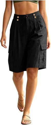 Summer Shorts for Women Wide Leg Cargo Drawstring Button Waist Short Loose Mid Length Casual Summer Short Pants in Kuwait