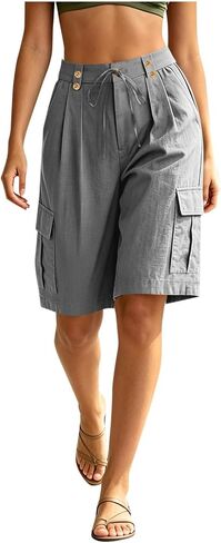 Summer Shorts for Women Wide Leg Cargo Drawstring Button Waist Short Loose Mid Length Casual Summer Short Pants in Kuwait