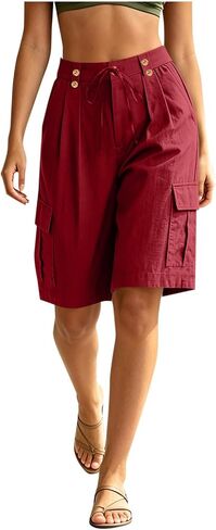 Summer Shorts for Women Wide Leg Cargo Drawstring Button Waist Short Loose Mid Length Casual Summer Short Pants in Kuwait