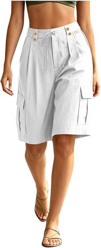Summer Shorts for Women Wide Leg Cargo Drawstring Button Waist Short Loose Mid Length Casual Summer Short Pants in Kuwait