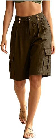 Summer Shorts for Women Wide Leg Cargo Drawstring Button Waist Short Loose Mid Length Casual Summer Short Pants in Kuwait