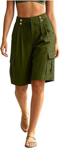 Summer Shorts for Women Wide Leg Cargo Drawstring Button Waist Short Loose Mid Length Casual Summer Short Pants in Kuwait