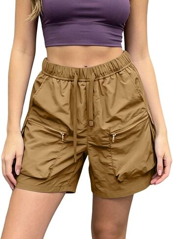 Womens Casual Shorts Zipper Cargo Pocket Elastic Waist Short Drawstring Quick Dry Breathable Summer Short Pants in Kuwait