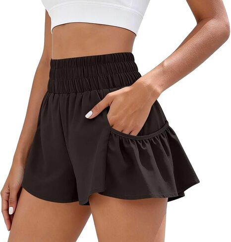 ABABC Women's Summer Shorts Smocked High Waist Ruffle Hem Short Loose Breathable Casual Short Pants in Kuwait