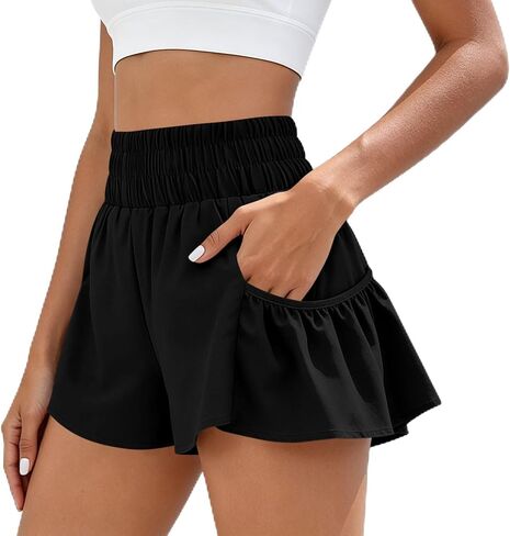 ABABC Women's Summer Shorts Smocked High Waist Ruffle Hem Short Loose Breathable Casual Short Pants in Kuwait