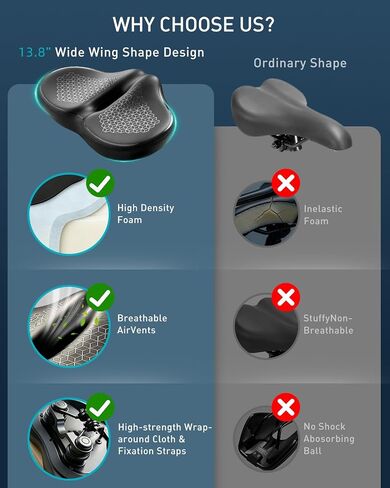 Noseless Oversized Bike Seat for Men & Women, 2026 Upgrade Comfortable Extra Wide Padded Bicycle Seat Cushion, Comfort Bike Saddle for Peloton, Exercise Bike, Beach Cruiser, MTB, EBike in Kuwait