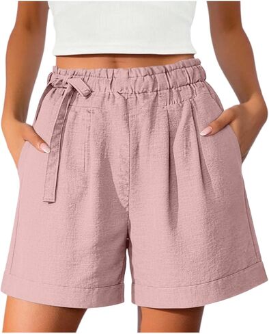 ABABC Womens Casual Shorts Elastic Waist Self Tie Belt Short Lightweight Breathable Summer Short Pants in Saudi Arabia