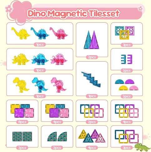 60PCS Dinosaur Toys Magnetic Tiles for Girls, Magnetic Building Blocks Sensory Dino Toy for Girl Ages 3-5 4-8 Year Old, Girl Toys Dinosaur Decorations Birthday Gifts for 3+ Years Old Kids Boys in Kuwait