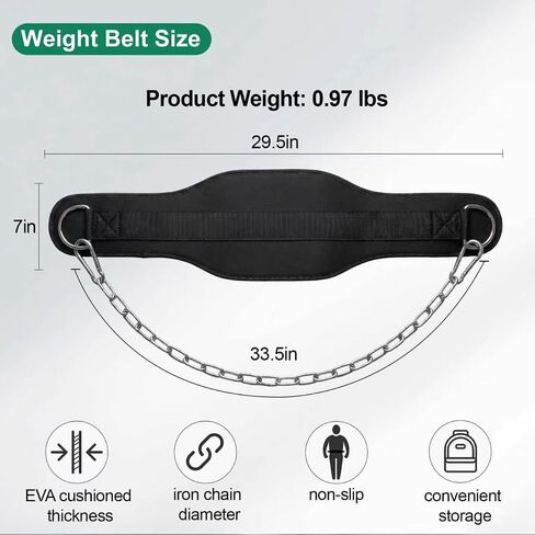 Dip Belt with Chain for Weightlifting, 33.5in Iron Chain, EVA Pad | 220lbs Load Load, Adjustable Fit, Anti-slip Support, Weighted Pull-ups Dips Squats, Unisex, Gym & Home Training in Kuwait