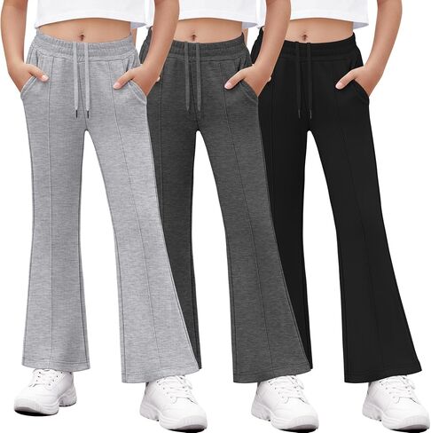 3 Pack Girls Flare Sweatpants Kids Wide Leg Bell Bottoms Elastic Waist Loose Casual Pants with Pockets in Kuwait